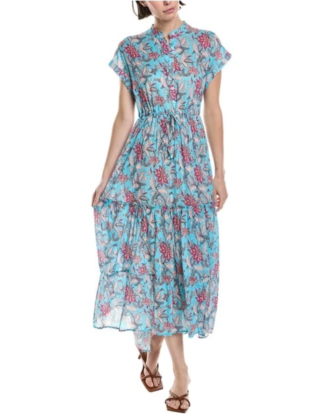 Turquoise Floral Button-Front Maxi Dress with Burgundy Accents
